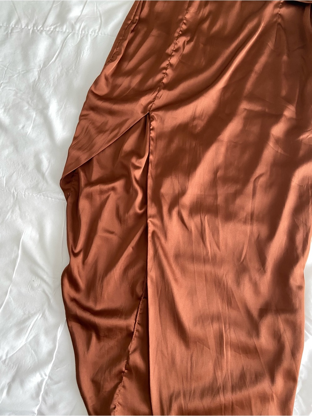 New Fashion Nova Satin Brown High-Neck Maxi Dress with Thigh Slit - Picture 7 of 9